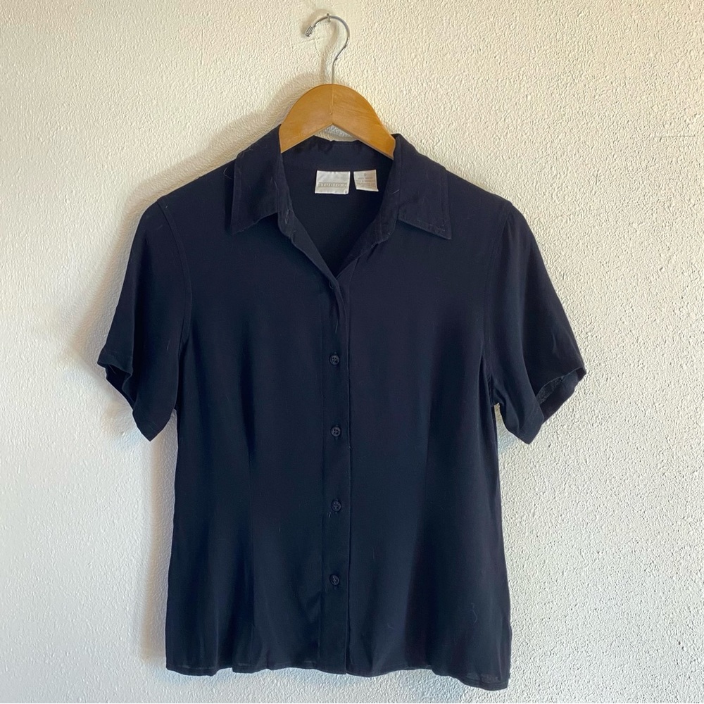 Studio C Black Rayon Button-up Short Sleeve Top Small